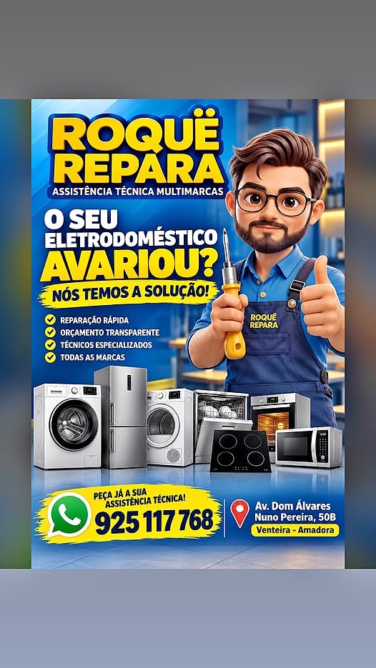 Personagem oficial da Roque Repara com equipamento de reparação e eletrodomésticos